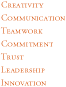 Creativity, Communication, Teamwork, Commitment, Trust, Leadership, Innovation